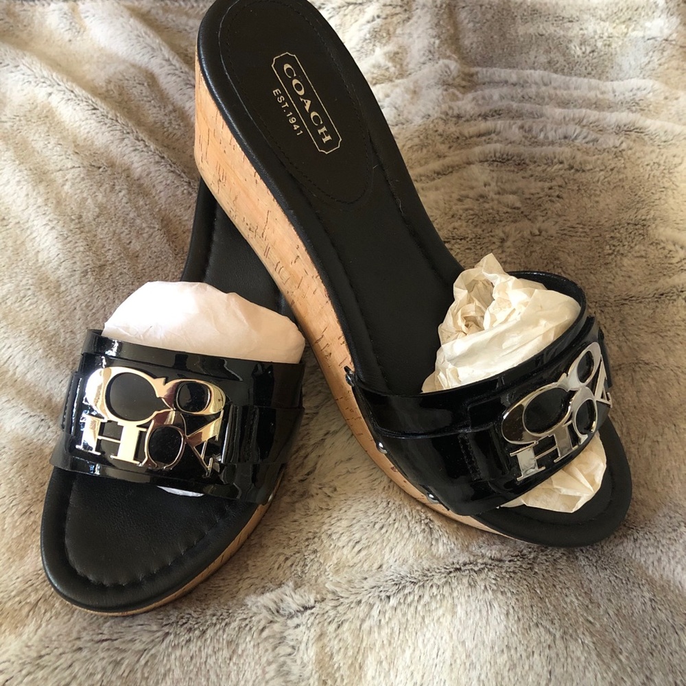 Coach patent leather wedges